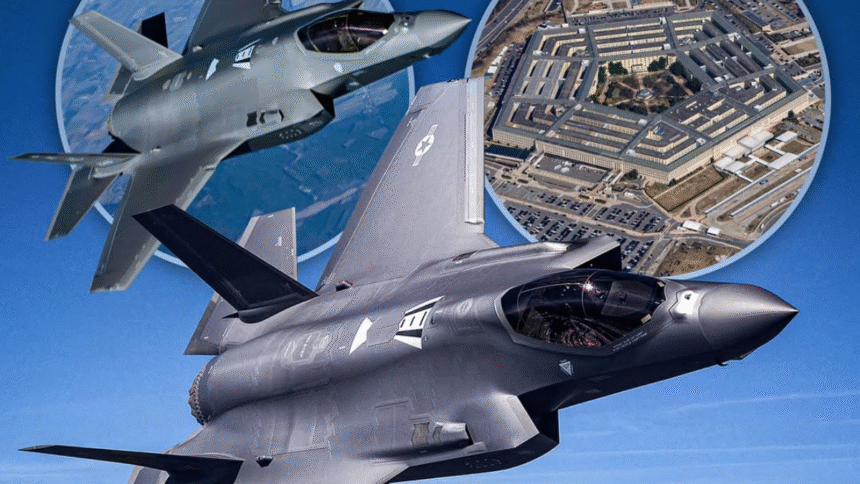 F-35 fighter jet in flight against a clear sky.