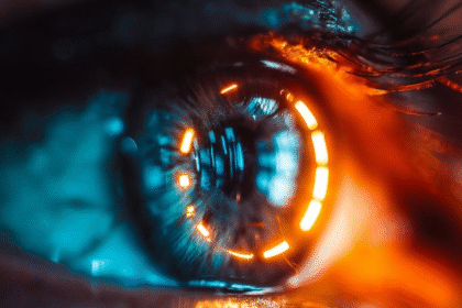 Scientist applying a contact lens designed to convert infrared light into visible images.