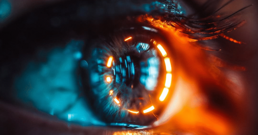 Scientist applying a contact lens designed to convert infrared light into visible images.
