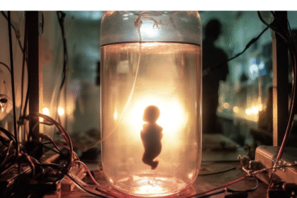 Transparent artificial womb device with simulated amniotic fluid.