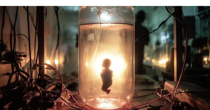 Transparent artificial womb device with simulated amniotic fluid.