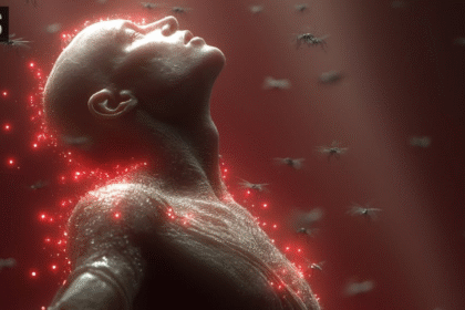 Microscopic nanobots interacting with human cells.