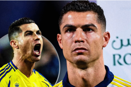 Cristiano Ronaldo in Al-Nassr jersey celebrating a goal.