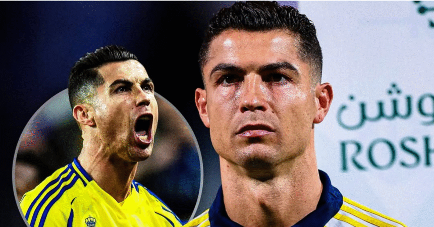 Cristiano Ronaldo in Al-Nassr jersey celebrating a goal.