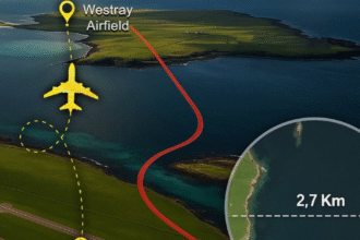 Travelers embarking on Loganair's brief flight between Westray and Papa Westray.