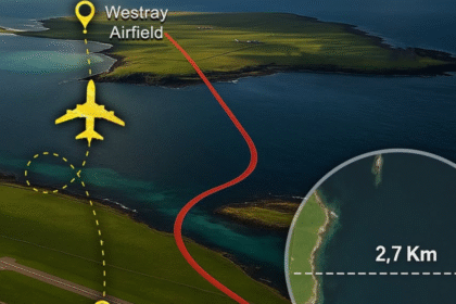Travelers embarking on Loganair's brief flight between Westray and Papa Westray.
