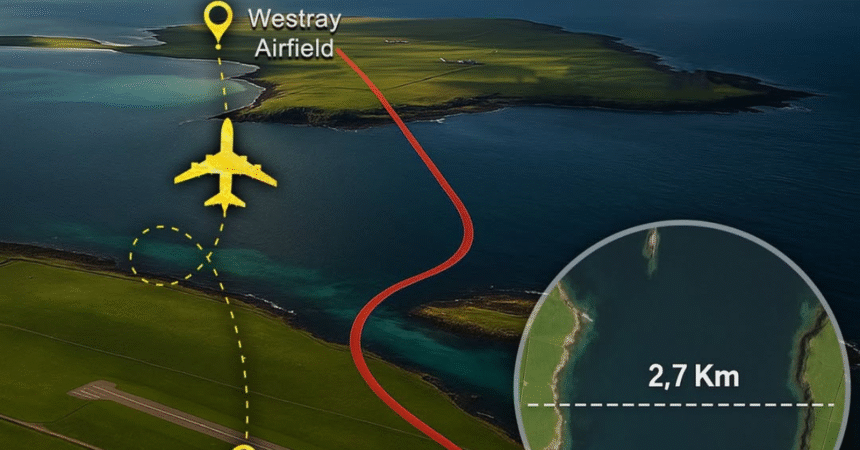 Travelers embarking on Loganair's brief flight between Westray and Papa Westray.
