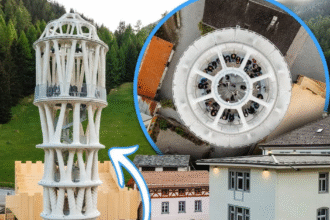 Tor Alva, the world's tallest 3D-printed tower, standing amidst the Swiss Alps.
