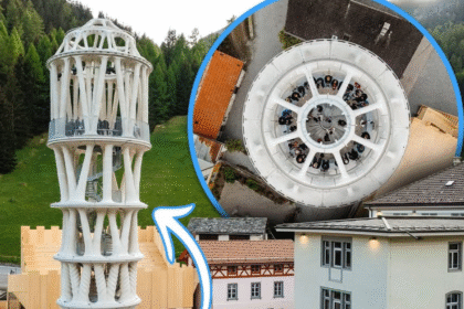 Tor Alva, the world's tallest 3D-printed tower, standing amidst the Swiss Alps.