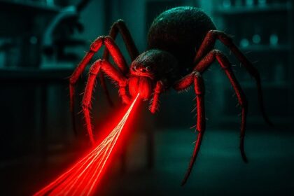 Genetically modified spider producing red fluorescent silk under UV light.