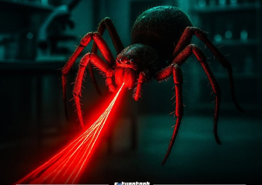 Genetically modified spider producing red fluorescent silk under UV light.