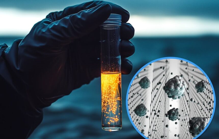 Graphene oxide membrane filtering seawater into clean drinking water.