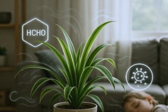 Healthy spider plant in a decorative pot.