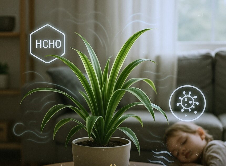 Healthy spider plant in a decorative pot.