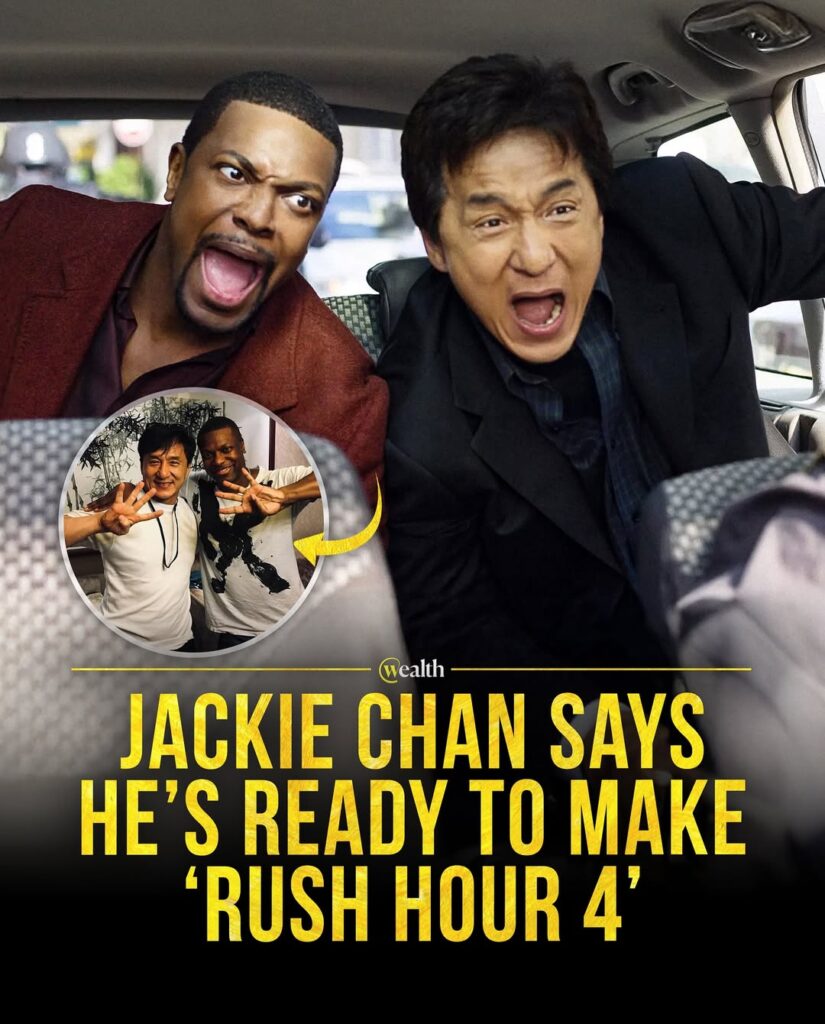 Jackie Chan performing martial arts stunt on set.