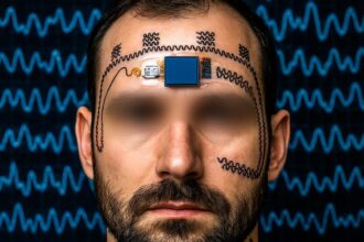 Individual wearing a flexible electronic forehead tattoo sensor developed by UT Austin researchers.