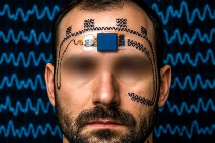 Individual wearing a flexible electronic forehead tattoo sensor developed by UT Austin researchers.