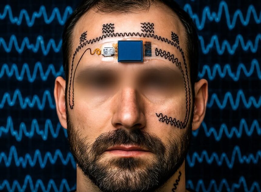 Individual wearing a flexible electronic forehead tattoo sensor developed by UT Austin researchers.